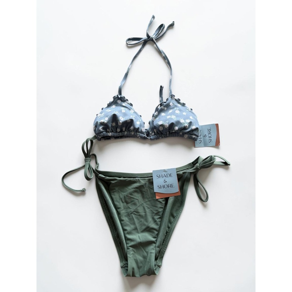 Shade & Shore Floral‎ Triangle Bikini Top and Side Tie Bottoms Set Green Blue S